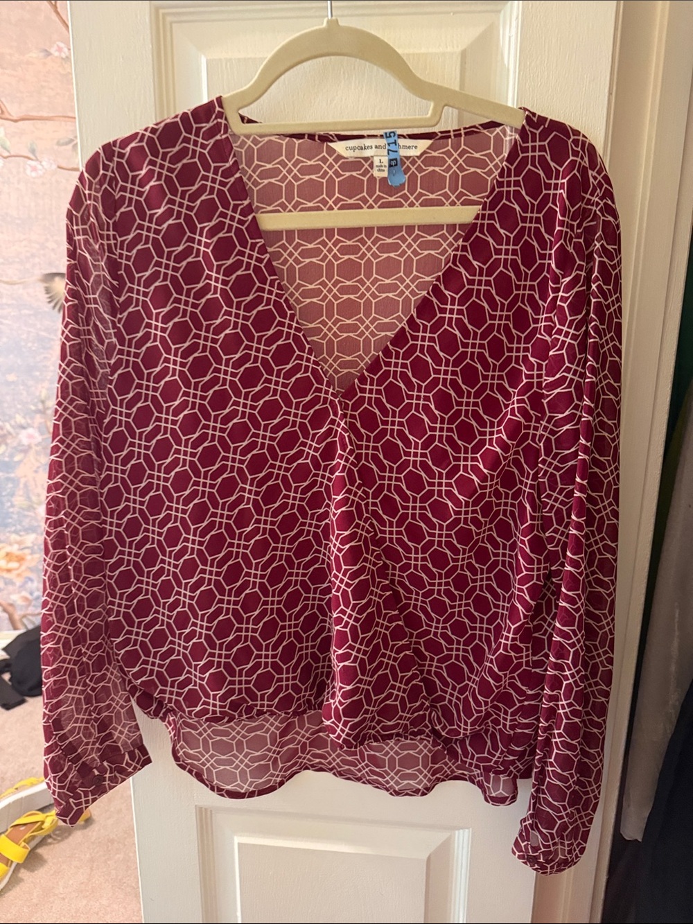 cupcakes & cashmere Maroon Geometric Wrap-Style Blouse